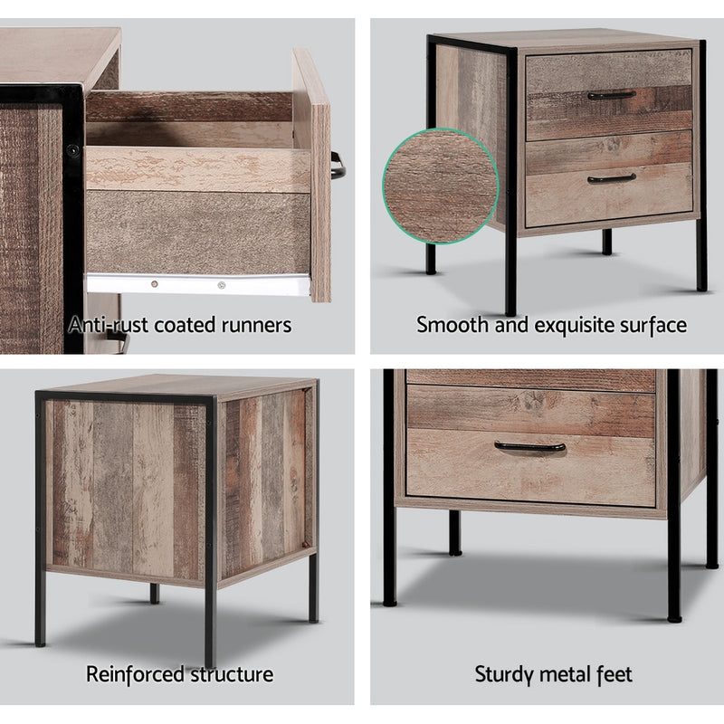 Milano Bedside Table Drawers Nightstand Metal Oak