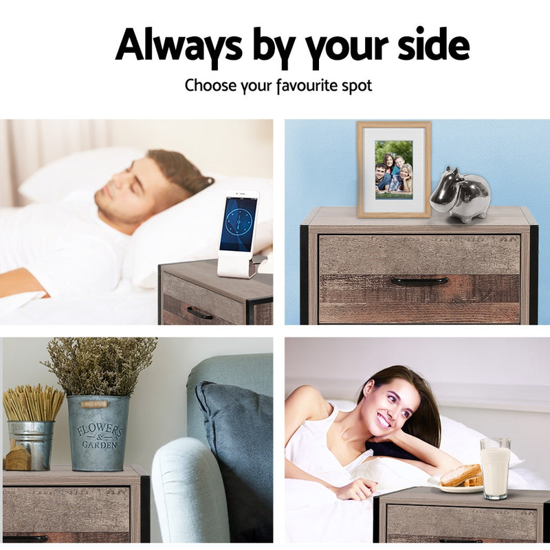 Milano Bedside Table Drawers Nightstand Metal Oak by Sleep House VIC
