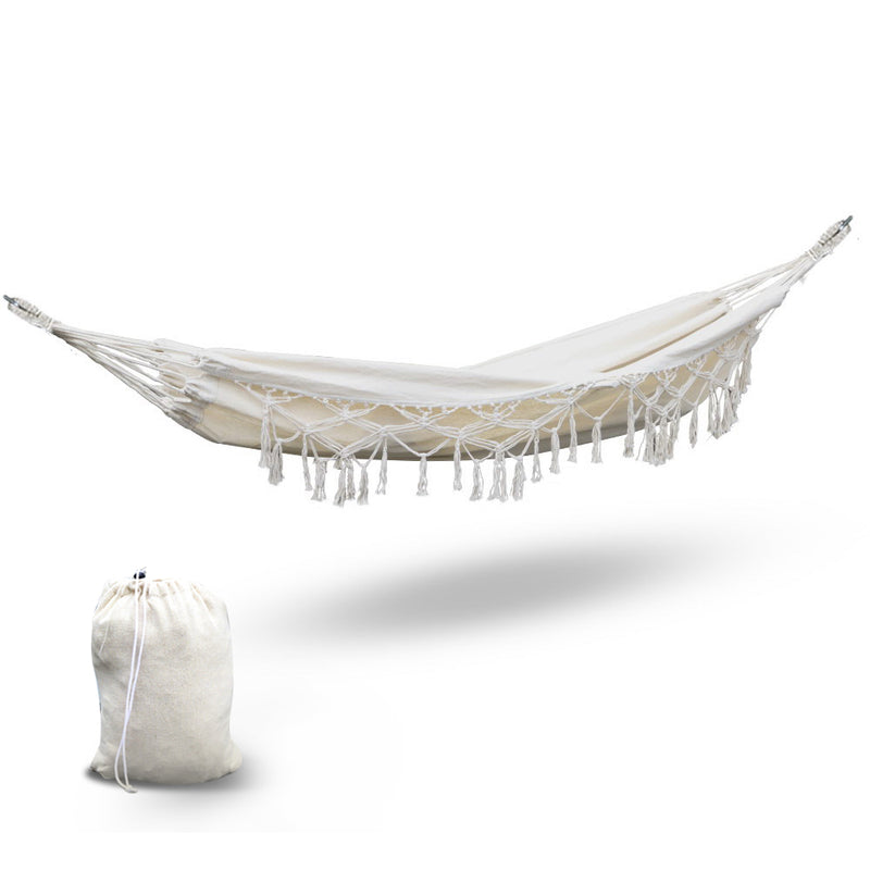 Outdoor Hanging Tassel Hammock Swing Bed Cream