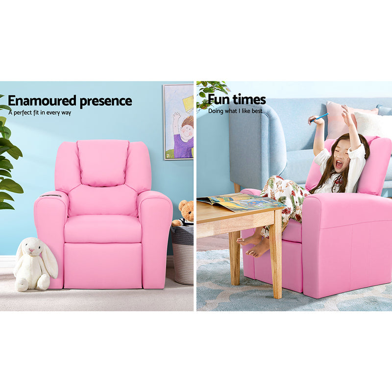 Kids Recliner Chair Pink PU Leather Sofa Lounge Couch at Sleep House Sydney NSW