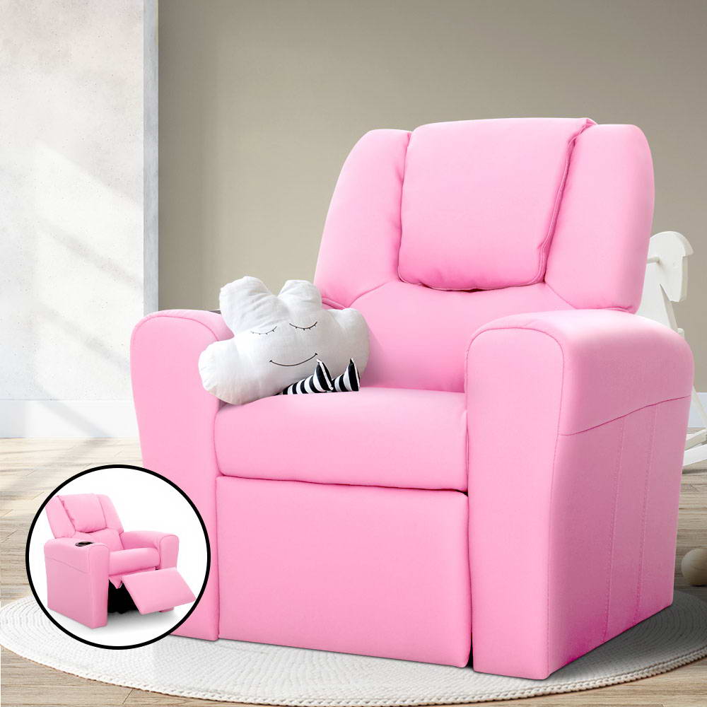 Kids Recliner Chair Pink PU Leather Sofa Lounge Couch at Sleep House Sydney NSW