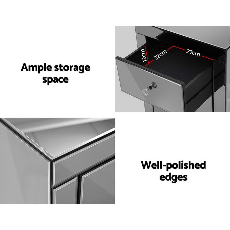 Milano Stylish Mirrored Bedside Table Glass Presia Silver