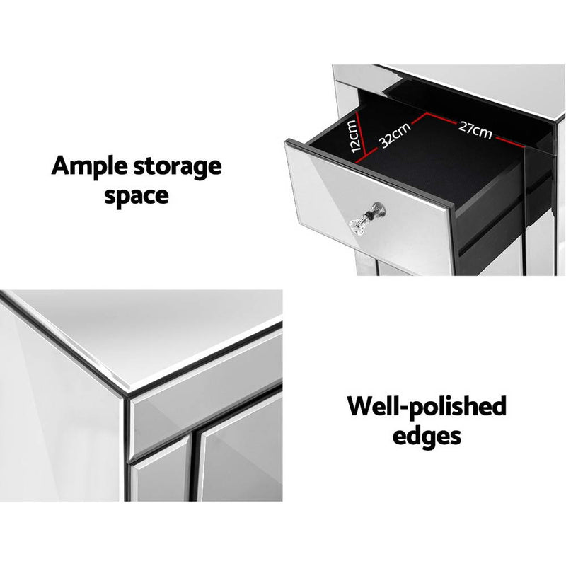 Milano Stylish Mirrored Bedside Table Glass Presia Silver