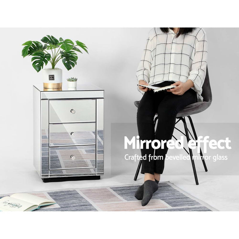 Milano Stylish Mirrored Bedside Table Glass Presia Silver