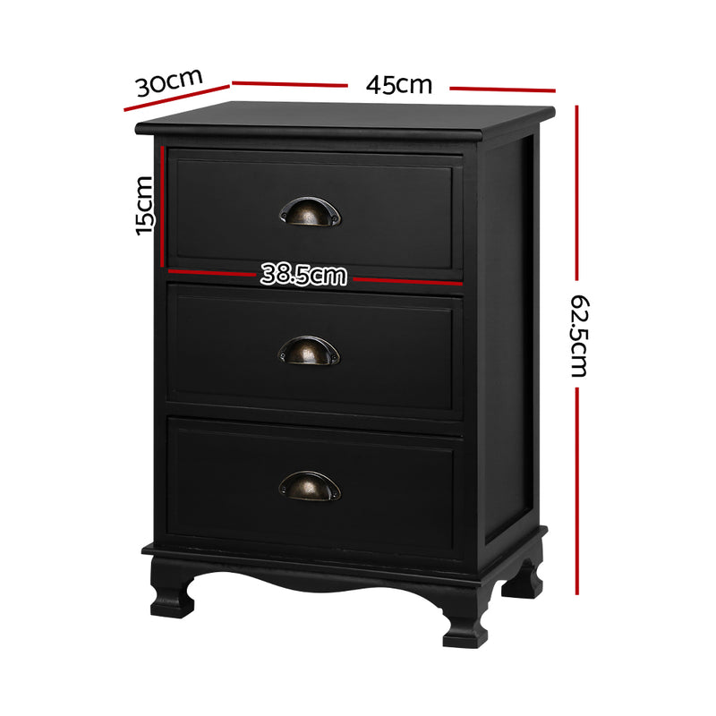 Milano Vintage Bedside Table Chest Storage Cabinet Nightstand Black